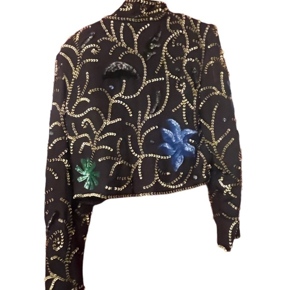 Vtg CARINA Open Front 100% Silk Sz M Crop Sequins Jacket - Picture 3 of 6